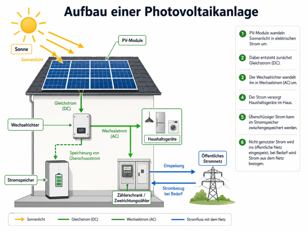 Ein Erklärbild über den Aufbau einer Photovoltaikanlage