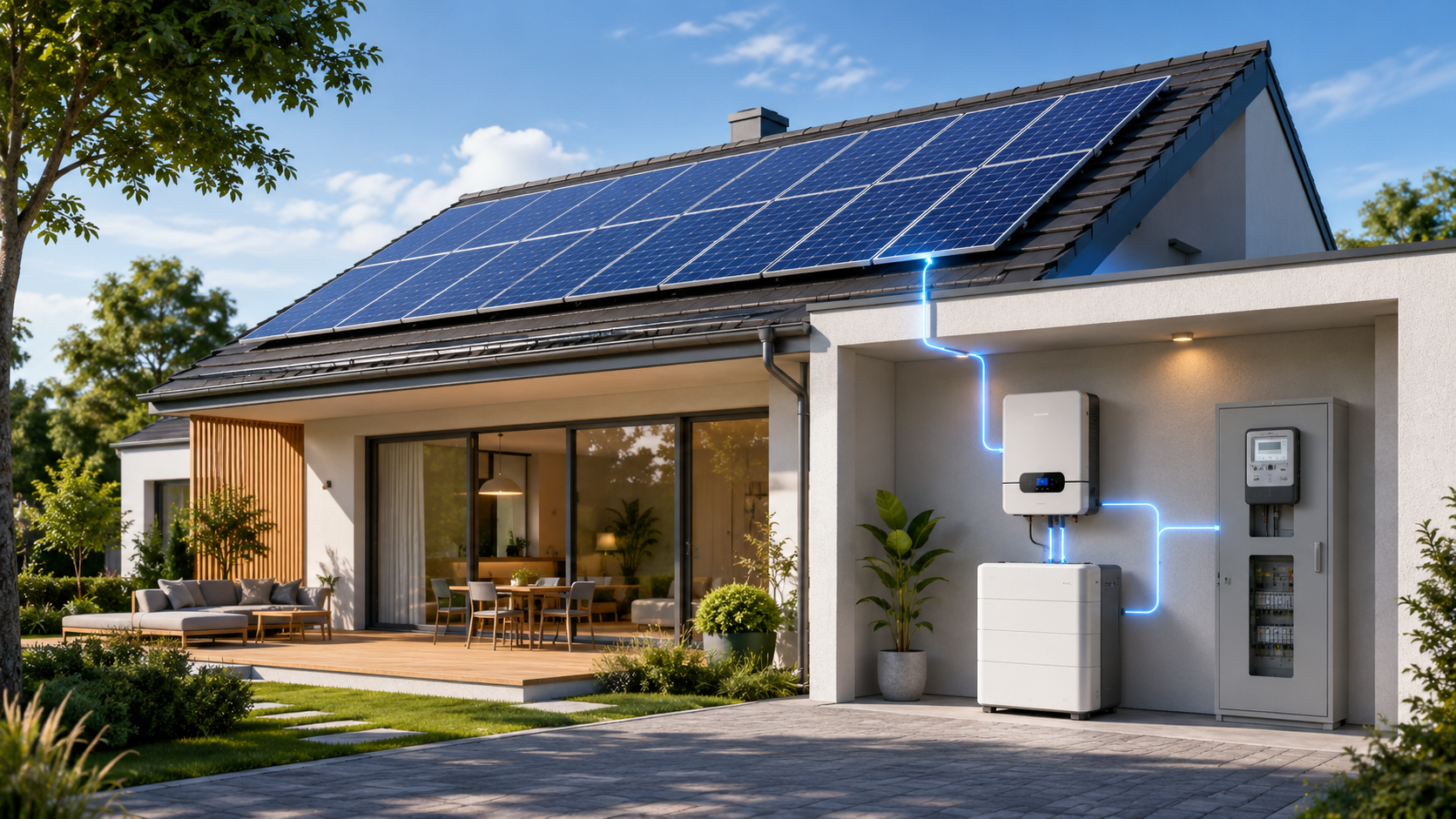 Beitragsbild in dem ein Haus mit Solaranlage und Wärmepumpe zusehen ist