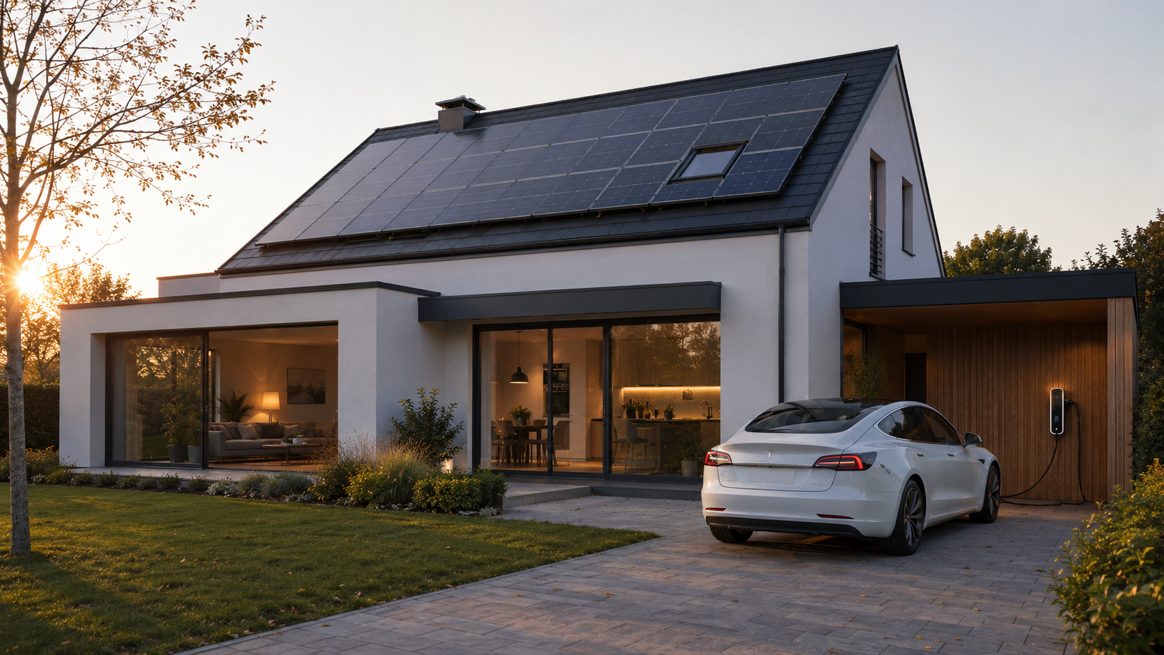 Einfamilienhaus mit PV-Anlage, Wallbox und einem weißen Auto