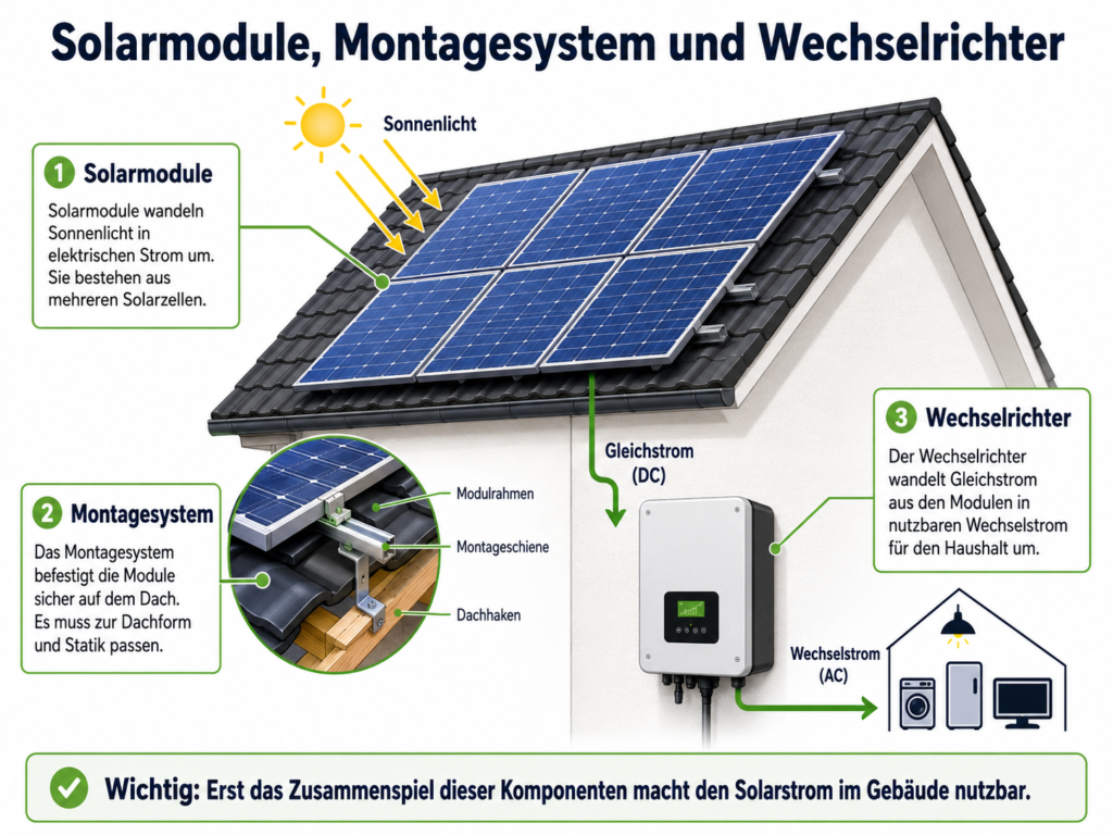 Ein Bild, in dem Solarmodule, Montagesystem und Wechselrichter erklärt werden