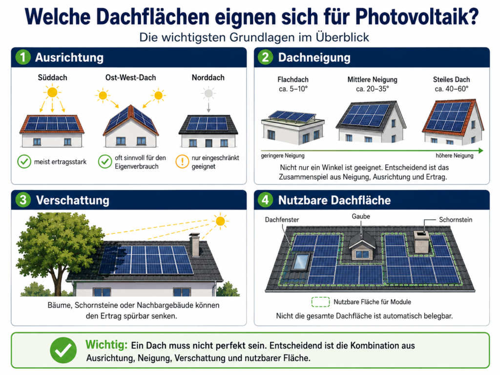 Ein Bild in dem erklärt wird, welche Dächer sich für Photovoltaik besonders gut eignen