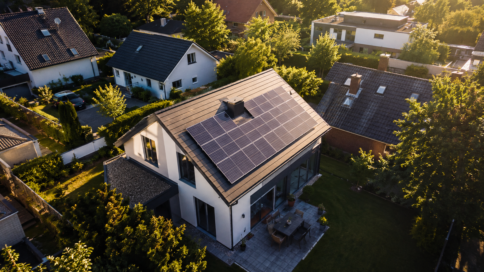 Vogelperspektive eines Einfamilienhauses mit Photovoltaik