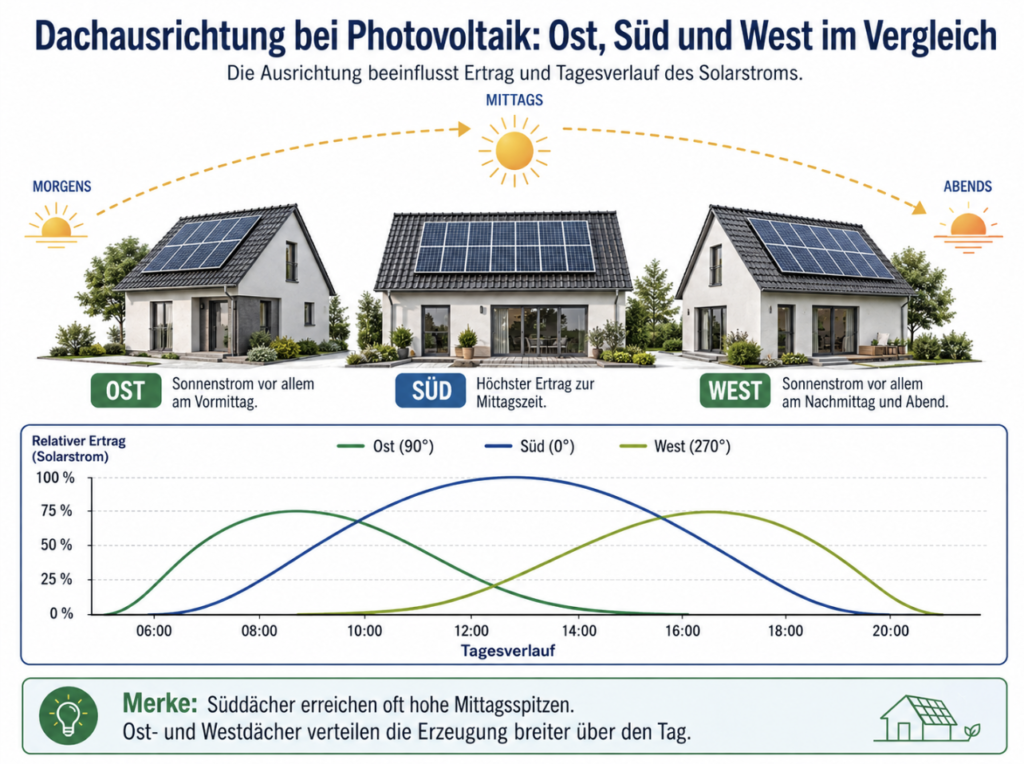 Erklärgrafik zur Dachausrichtung bei Photovoltaik mit Ost-, Süd- und Westdach sowie Tagesverlauf der Solarstromerzeugung.