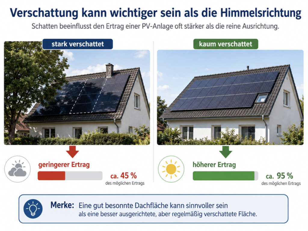 Erklärgrafik zu Dachausrichtung, Dachneigung und Verschattung bei Photovoltaik mit Vergleich von verschatteten und gut besonnten Dachflächen.