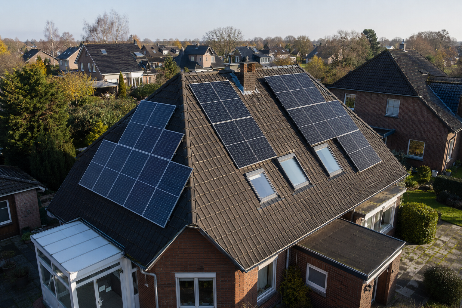 Photovoltaikmodule auf unterschiedlich ausgerichteten und geneigten Dachflächen eines Wohnhauses.