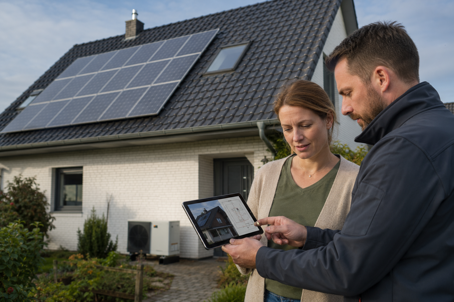 Hausbesitzer bespricht die Planung einer Photovoltaikanlage mit einem Fachberater
