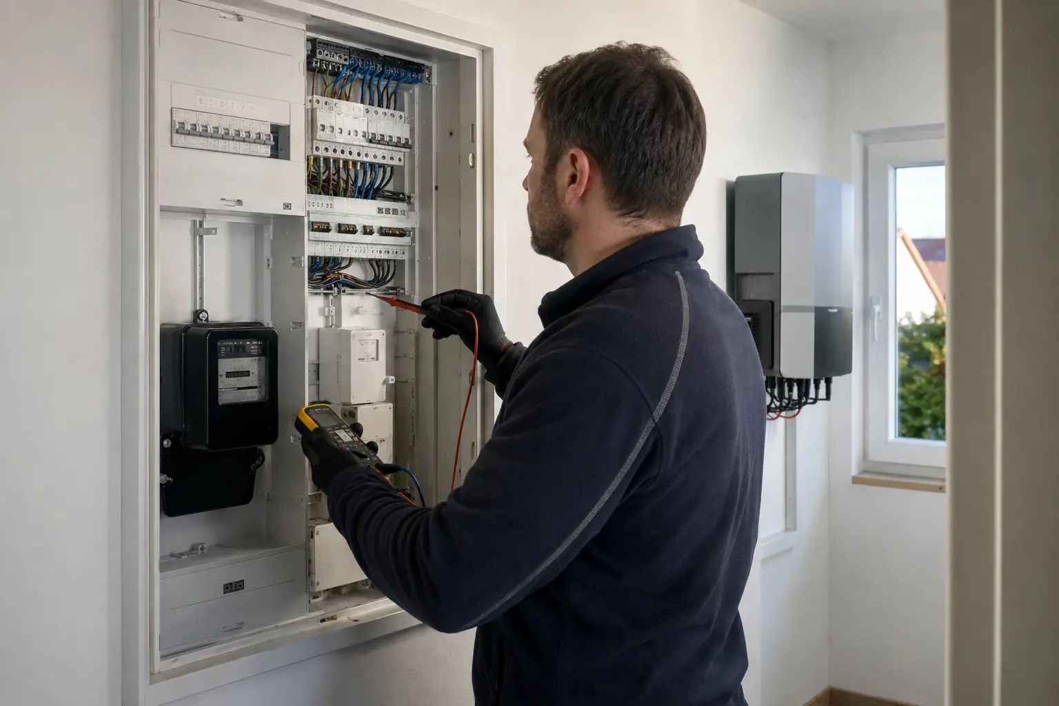 Elektrofachkraft prüft den Zählerschrank vor dem Anschluss einer Photovoltaikanlage