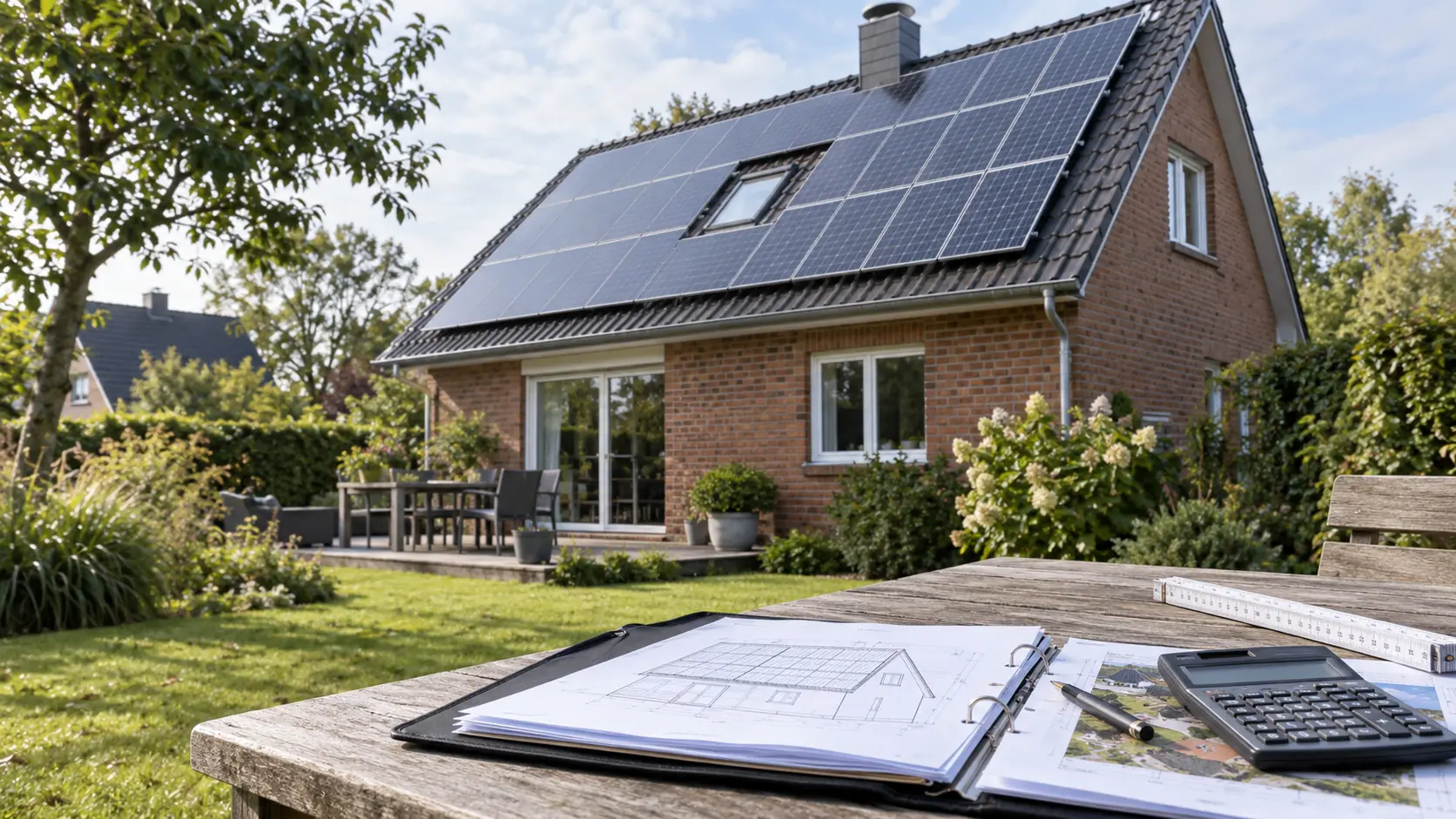 Photovoltaikanlage auf einem Einfamilienhaus mit Planungsunterlagen und Taschenrechner im Vordergrund