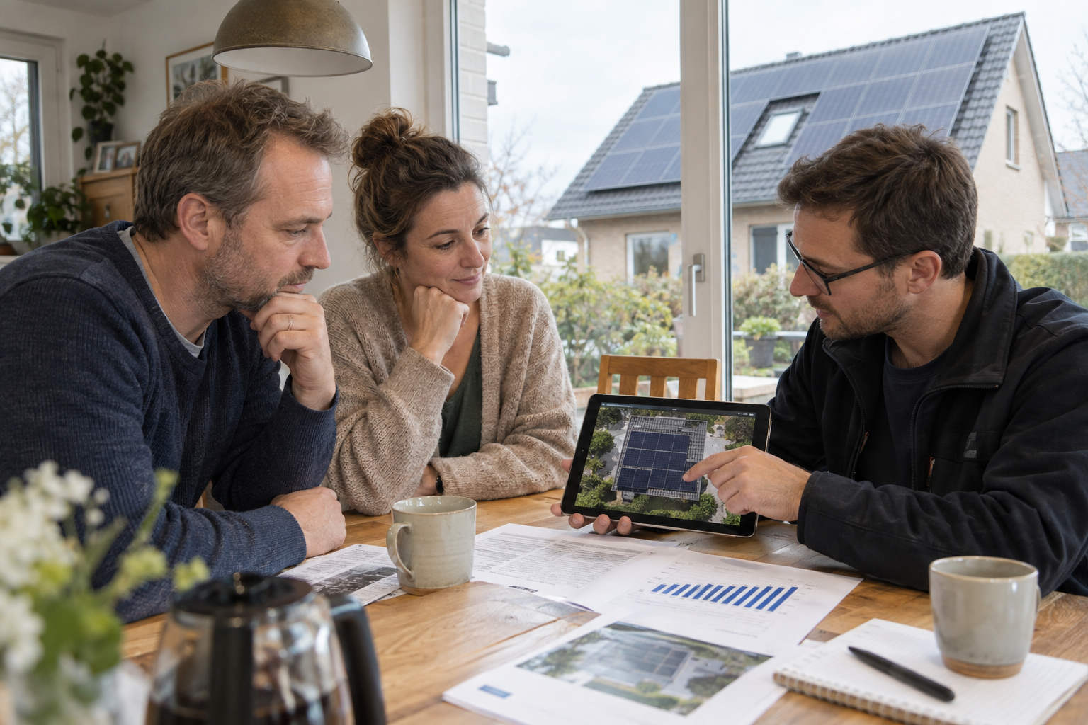Hausbesitzer besprechen mit einem Fachberater die Wirtschaftlichkeit einer Photovoltaikanlage; im Hintergrund ist ein Hausdach mit Solarmodulen zu sehen.